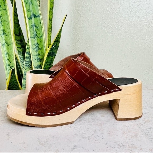 SWEDISH HASBEENS Brown Leather Croc Platform Mules Clogs Sandals Shoes 38 8 8.5 - Picture 9 of 11